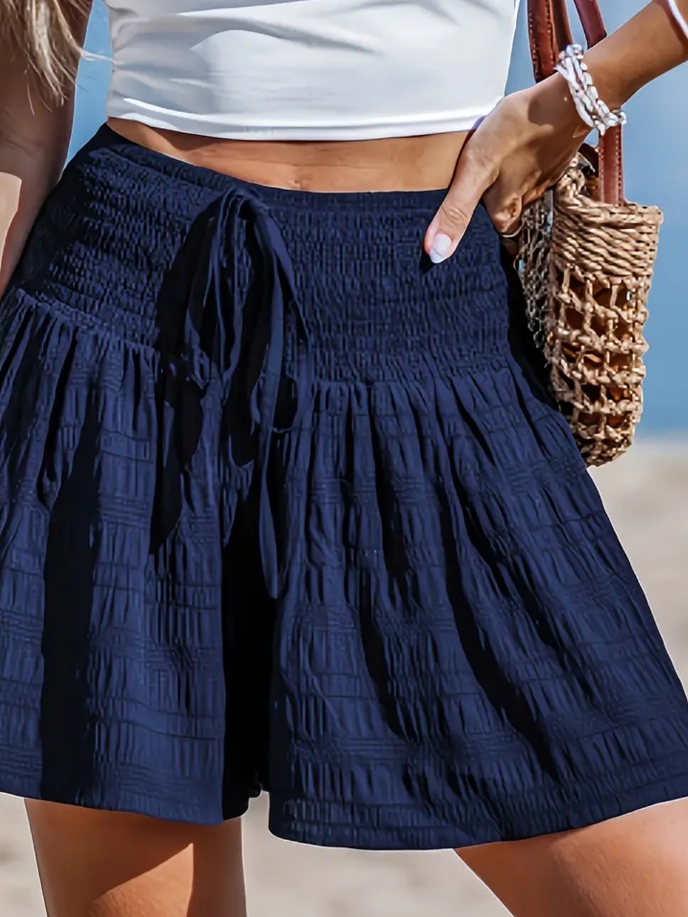 Women's Navy Smocked Drawstring Shorts